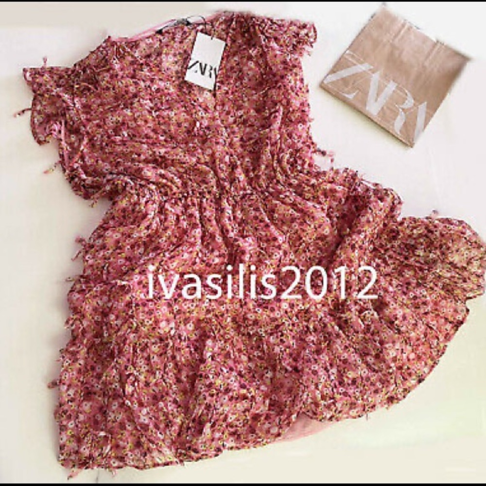 Zara TEXTURED WEAVE FLORAL SEMI SHEER DRESS V-Neck Riffled Pink/Red SIZE L NEW.